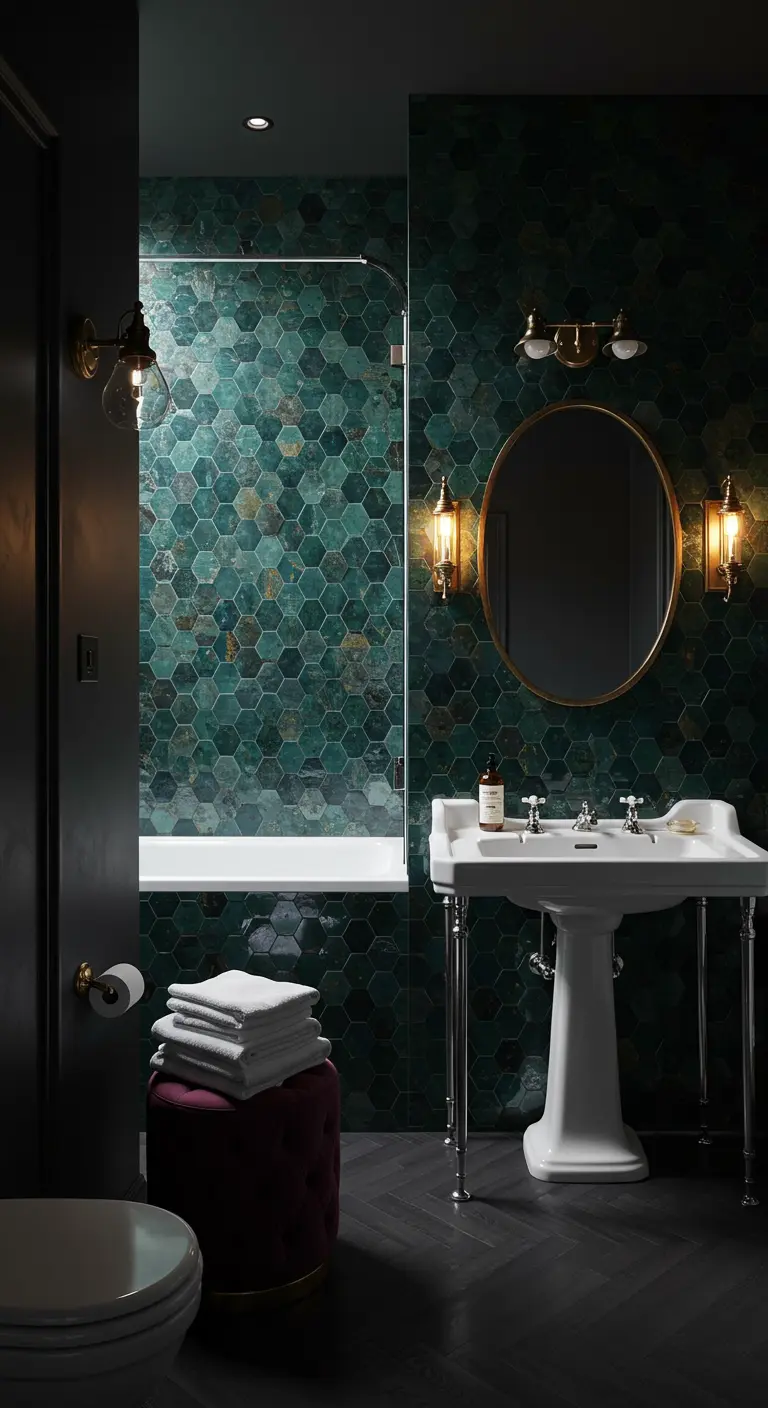 Moody bathroom with emerald green hexagonal tiles, a pedestal sink, and brass sconces.