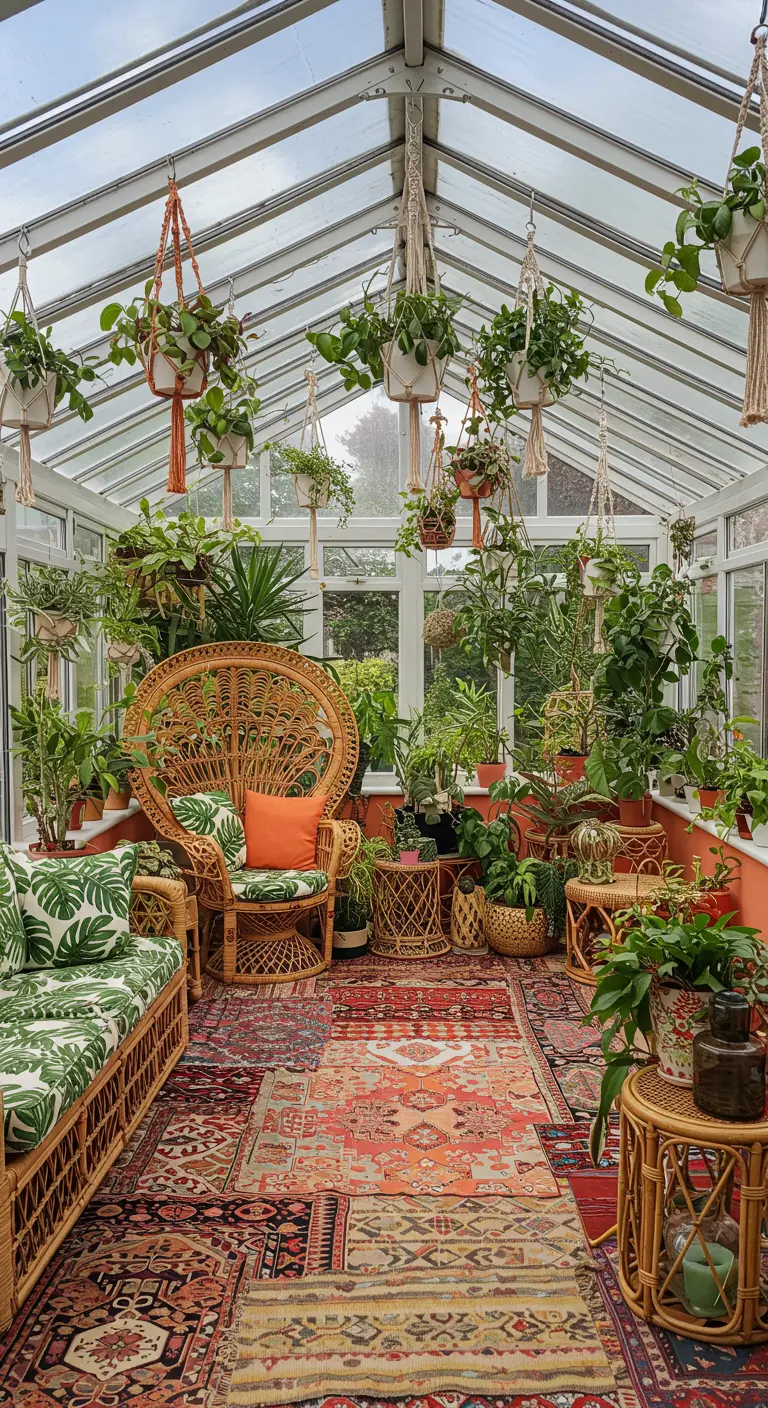 Sunroom filled with hanging plants, a rattan peacock chair, and layered bohemian rugs.
