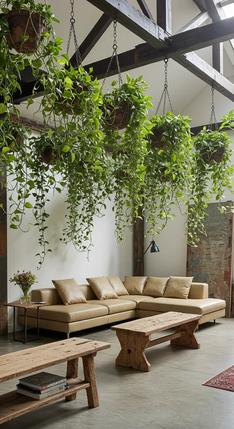 A loft living room with numerous plants hanging from the exposed ceiling beams over a leather sofa.