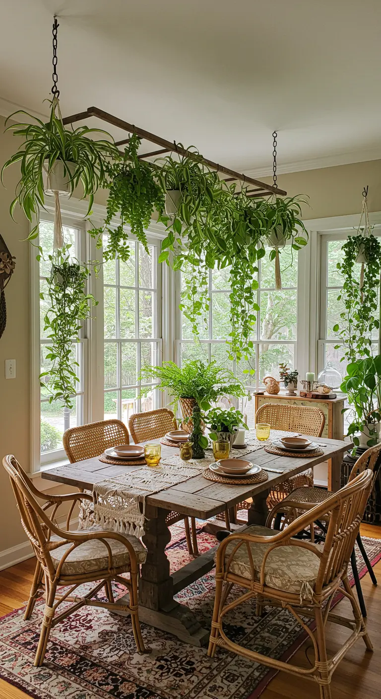 Dining room with a ladder hanging from the ceiling holding numerous plants.