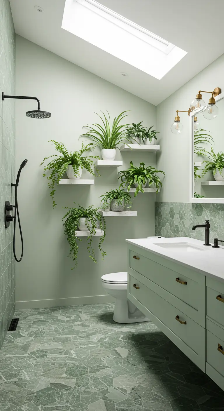 A sage green bathroom filled with plants on tiered white floating shelves.