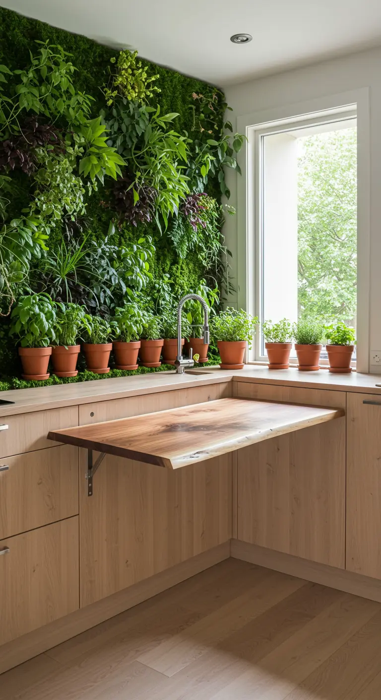 Kitchen with a full living plant wall and a live-edge fold-down wooden table.