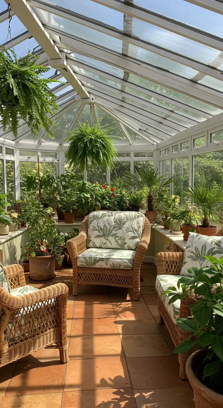 A bright, airy conservatory filled with plants and wicker chairs with green leaf-print cushions.