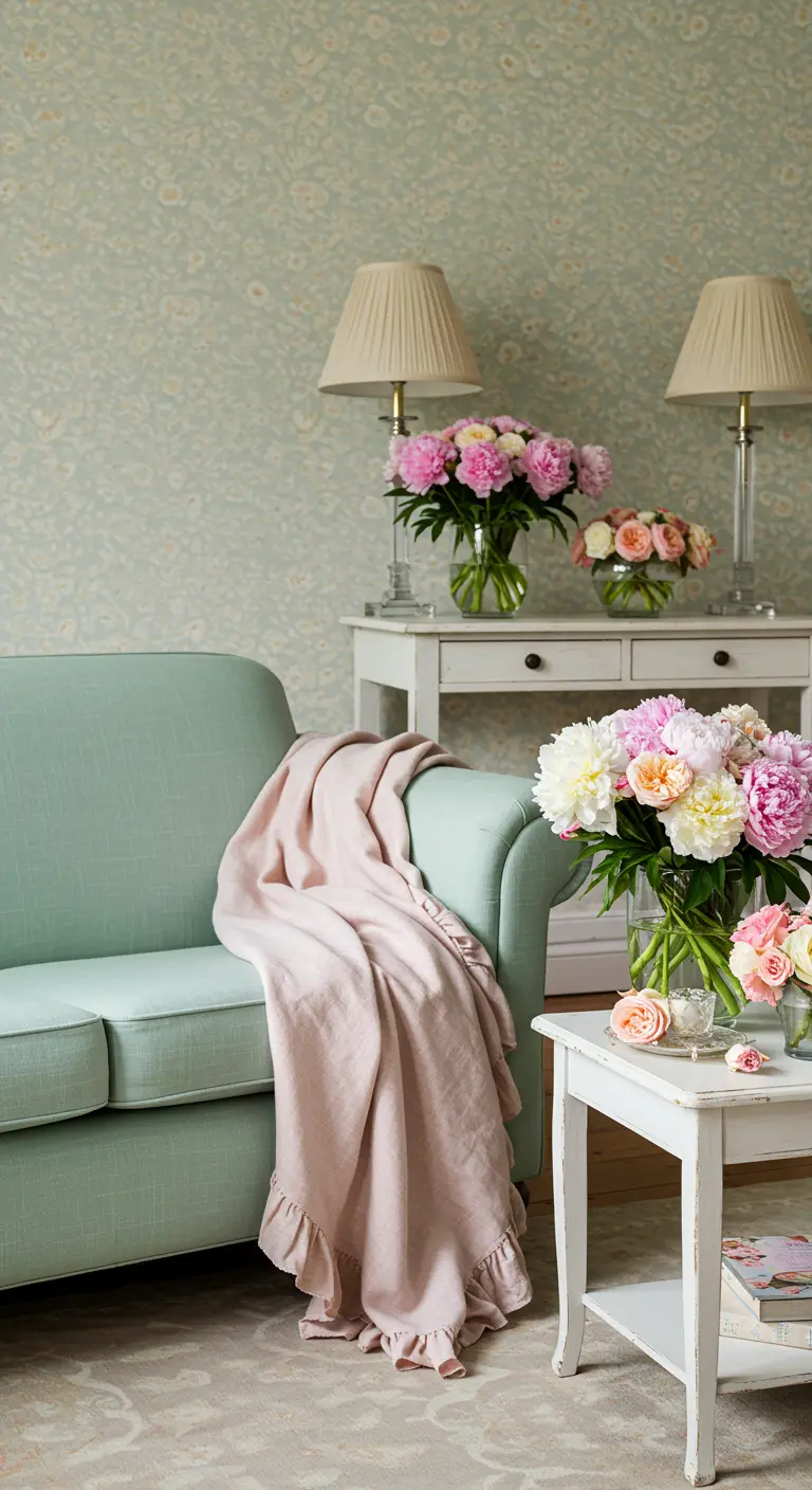 A close-up of a mint green sofa with a ruffled pink linen throw and vases of fresh peonies.