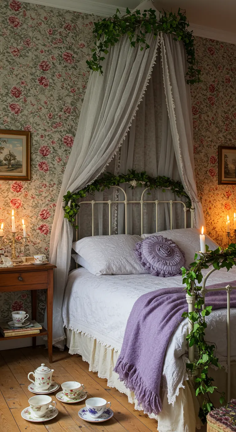 Vintage bedroom with floral wallpaper, an ivy-wrapped canopy, and a lavender throw.