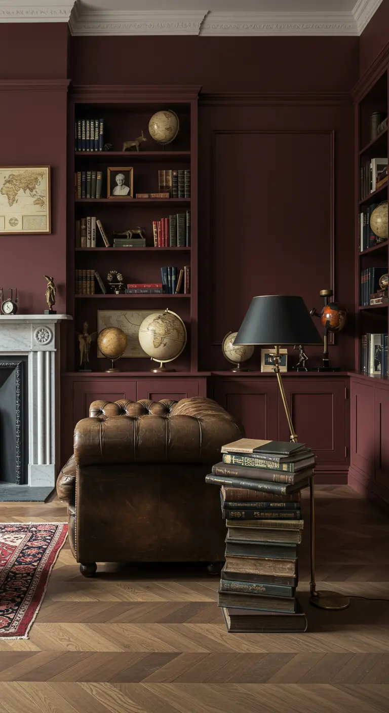Leather armchair in a burgundy library with built-in bookshelves and a table of books.