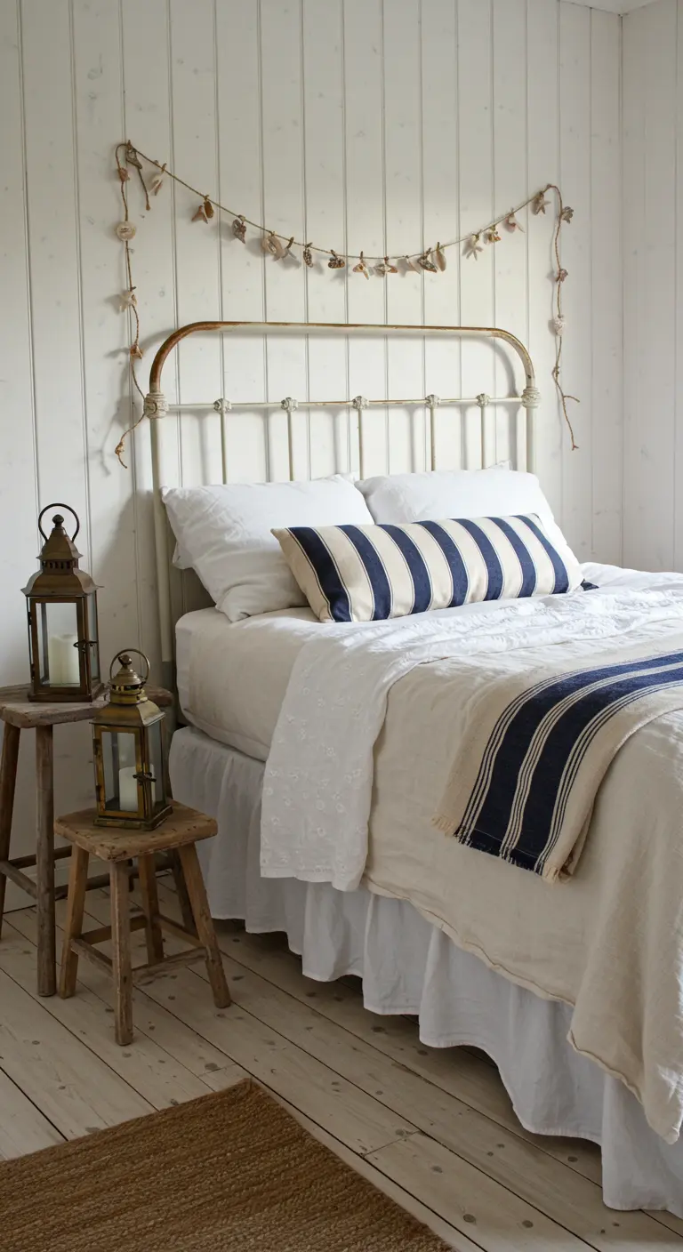 Rustic coastal bedroom with a seashell garland hanging above a vintage metal bed.