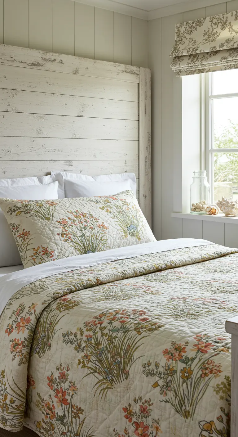 Whitewashed shiplap headboard in a bright bedroom with a wildflower quilt.