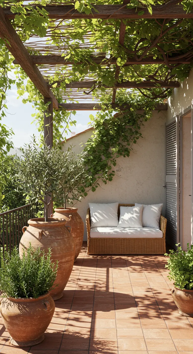 A terracotta-tiled balcony with a grapevine canopy, large urns, and a rattan sofa.