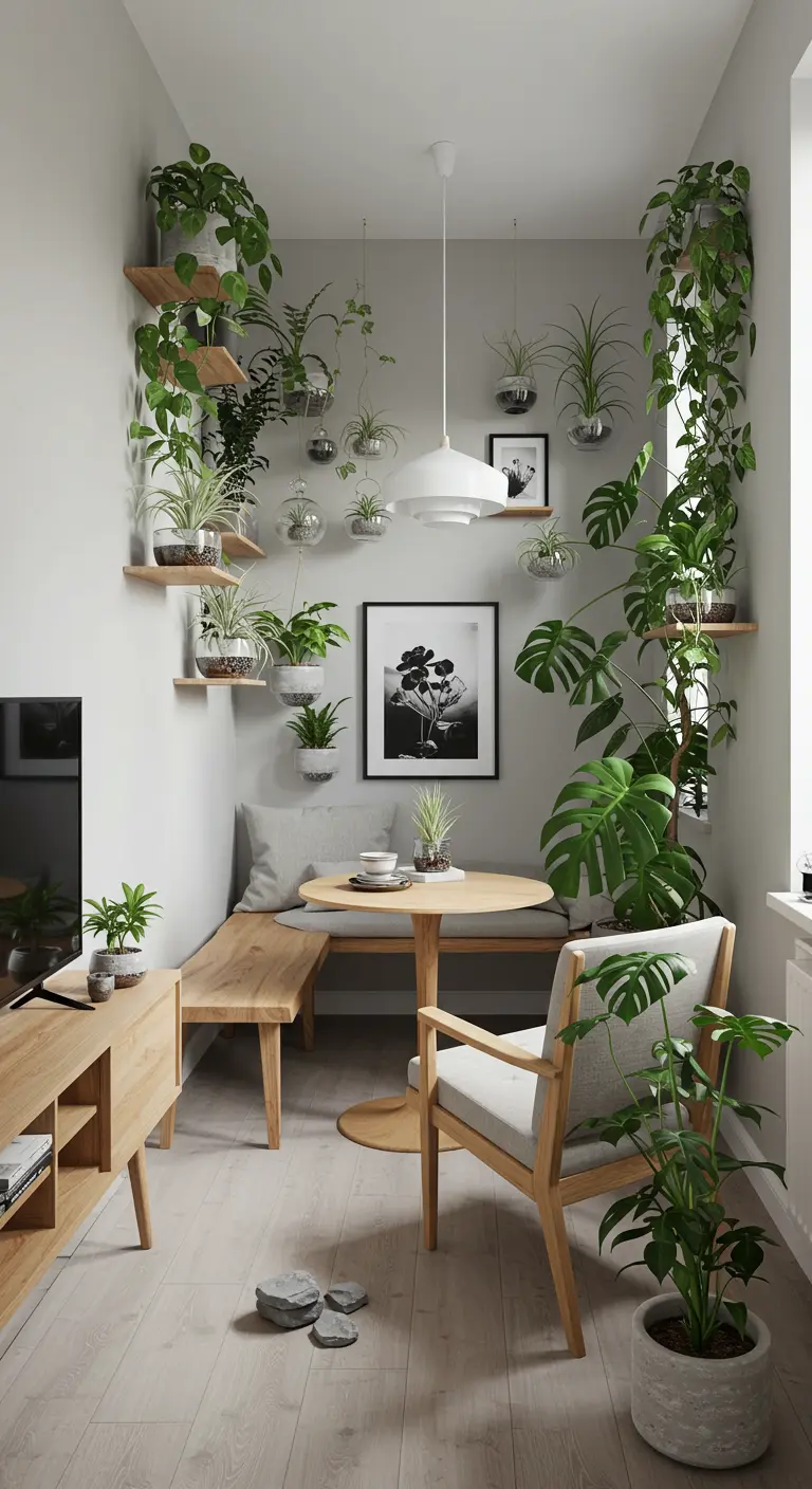 A compact dining nook surrounded by walls of shelves holding an abundance of green plants.
