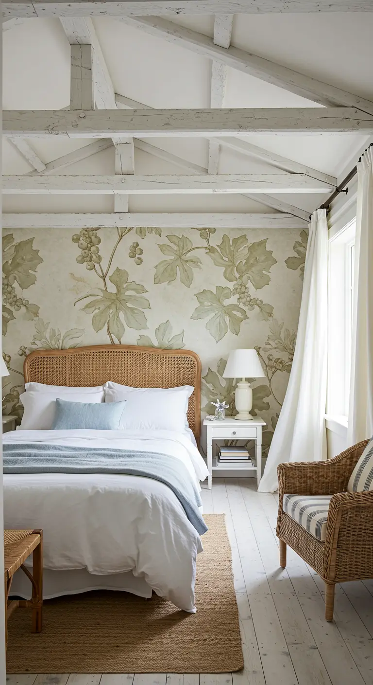 Bright, airy bedroom with a pale green grapevine mural and white exposed beams.