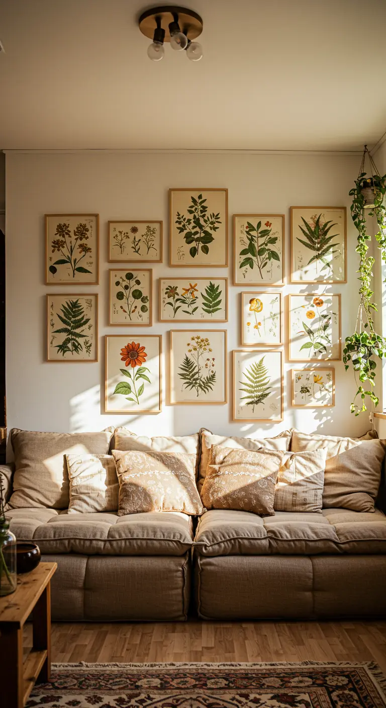 A large gallery wall of diverse botanical prints in wood frames covers a wall behind a plush sofa.