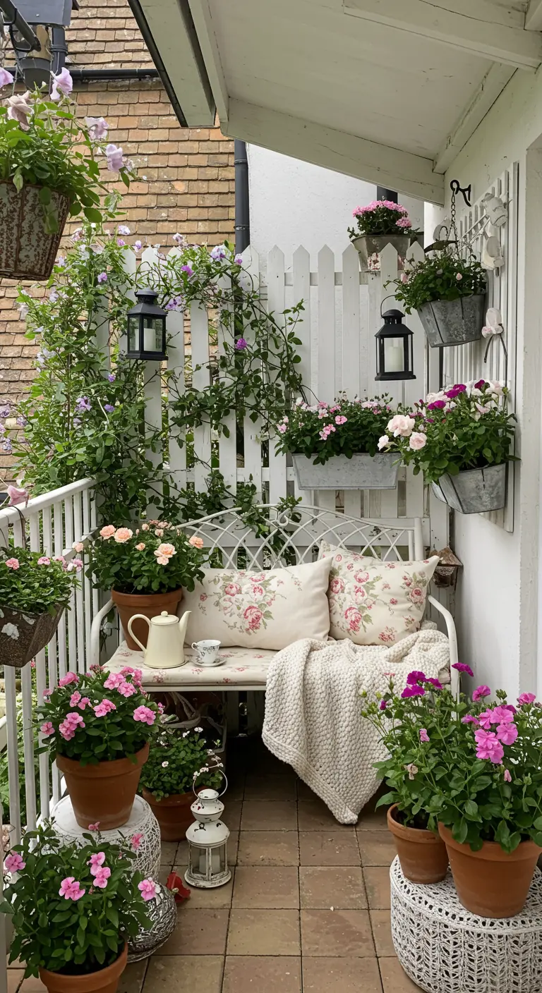 A balcony overflowing with pink flowers, with a white picket fence and a metal bench.