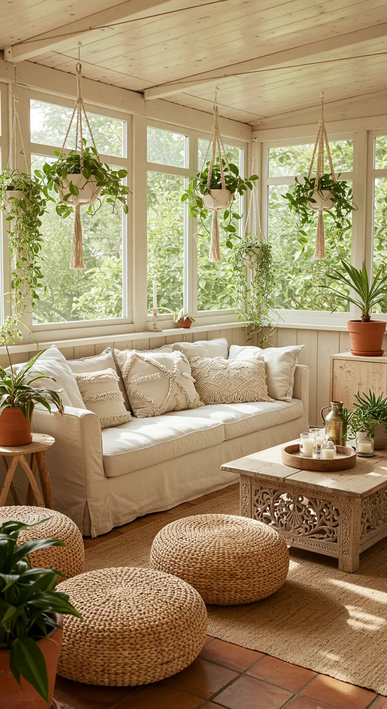 Bohemian sunroom filled with hanging plants, a cream sofa, and woven jute poufs.