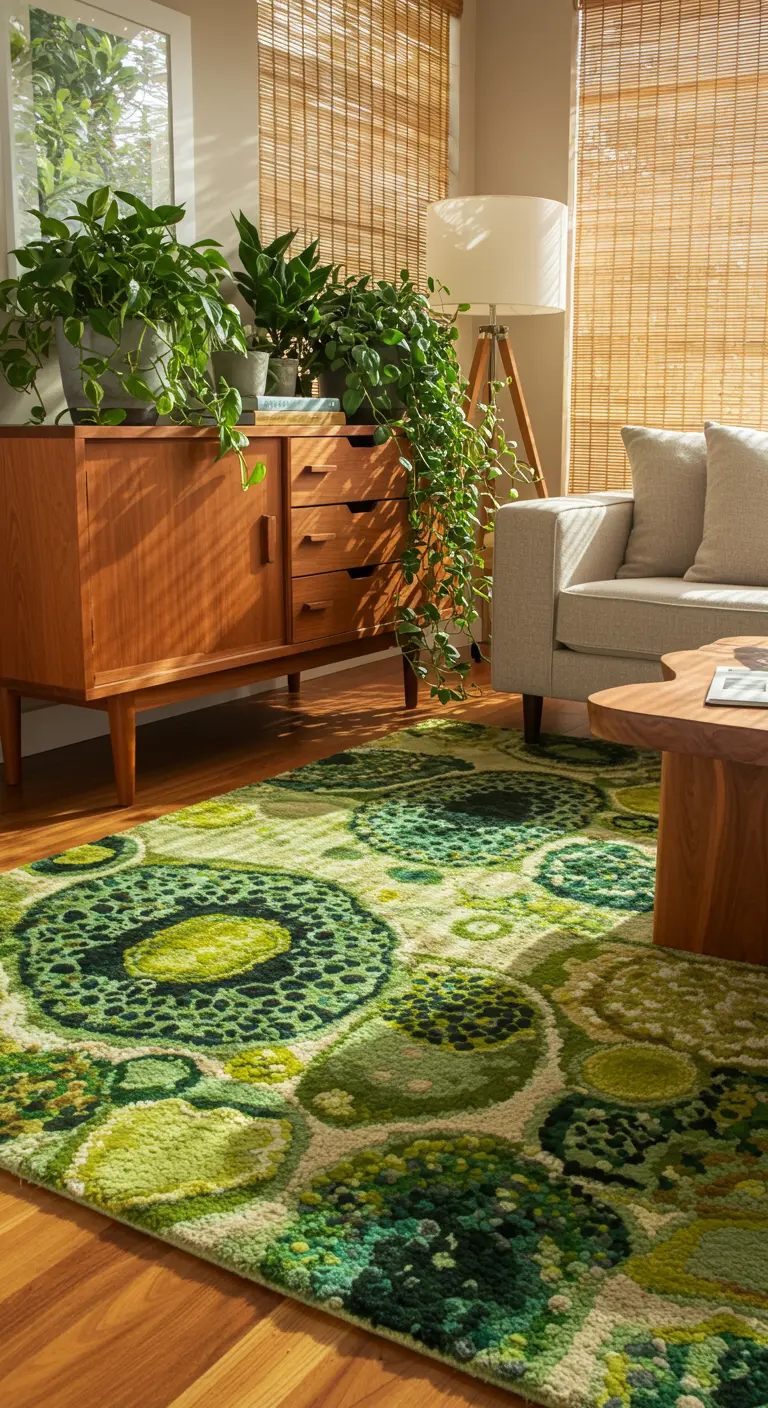 A plant-filled room with a teak credenza and a bold, green-on-green patterned rug.