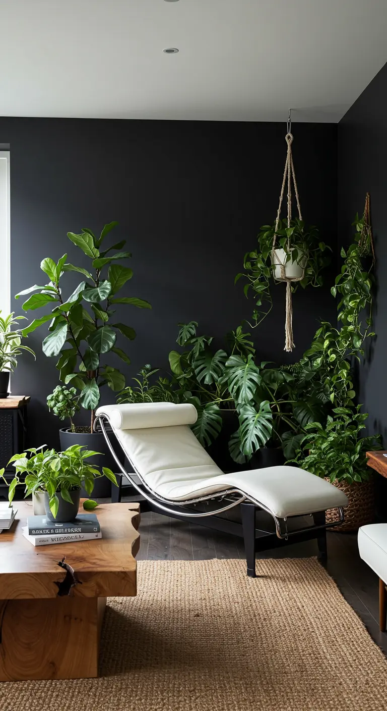 A white chaise lounge surrounded by numerous green houseplants against a dark wall.