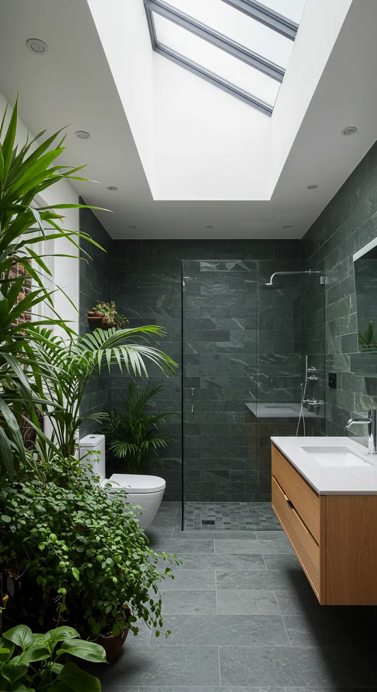 Bathroom with dark green tiles, a glass shower, and many lush houseplants.