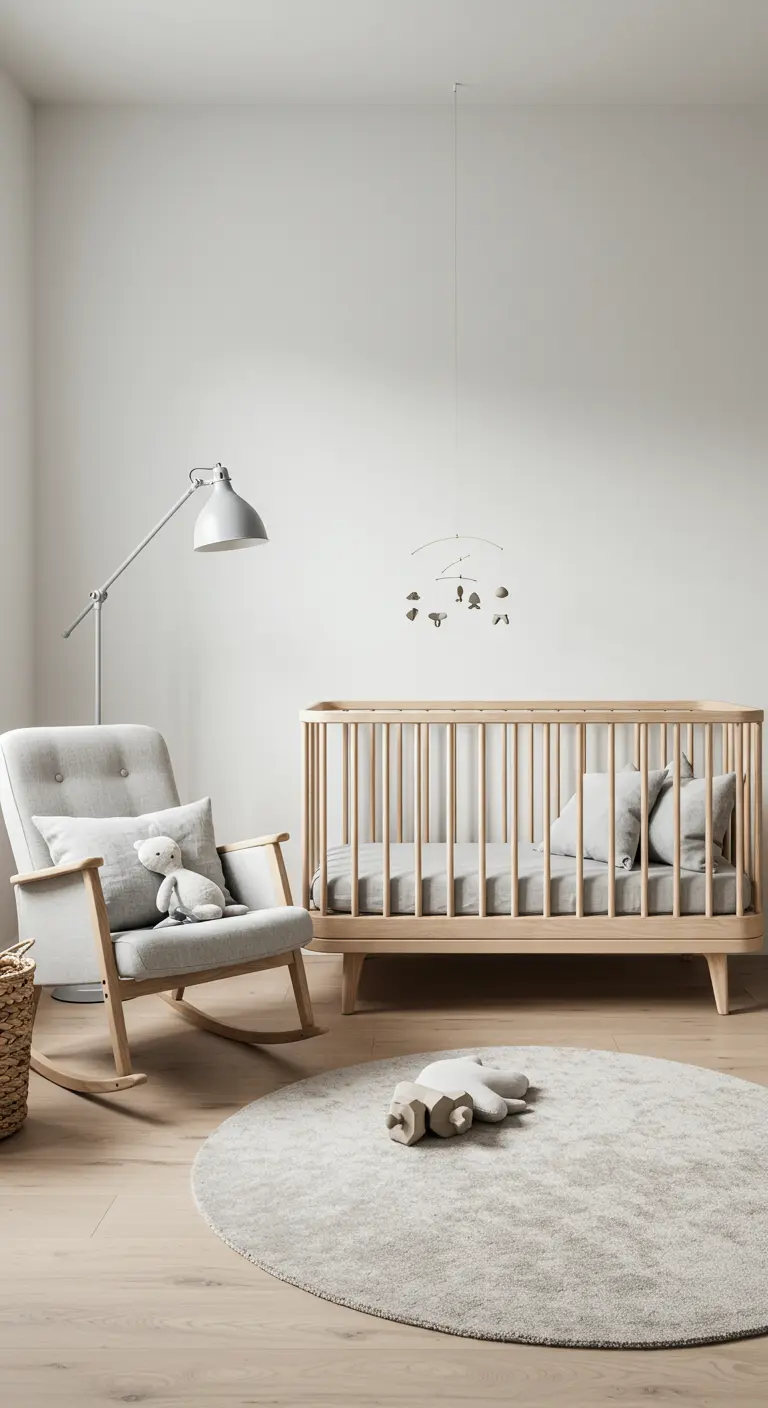 Serene nursery with a light wood crib, a grey rocking chair, and a soft round rug on wood floors.