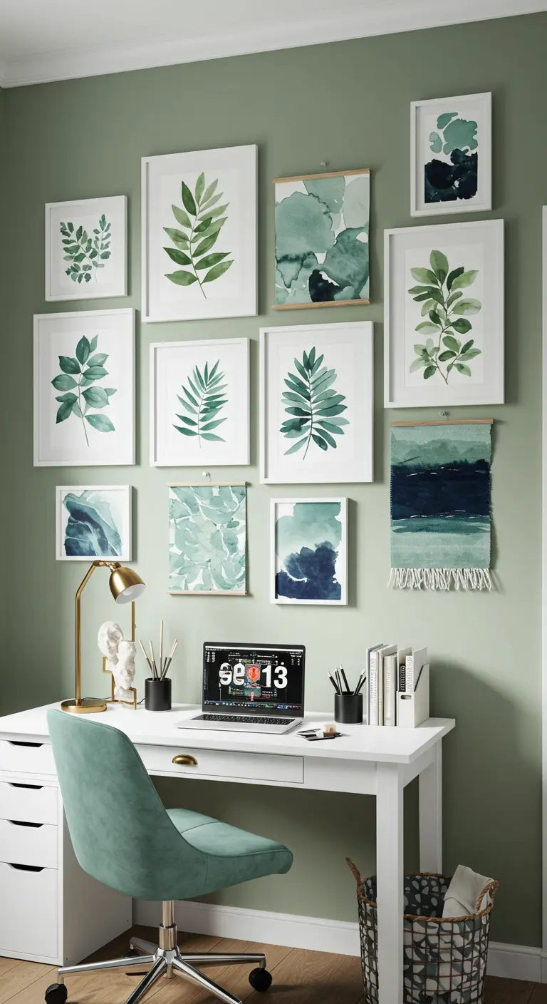 A sage green home office with a gallery wall of botanical leaf prints.