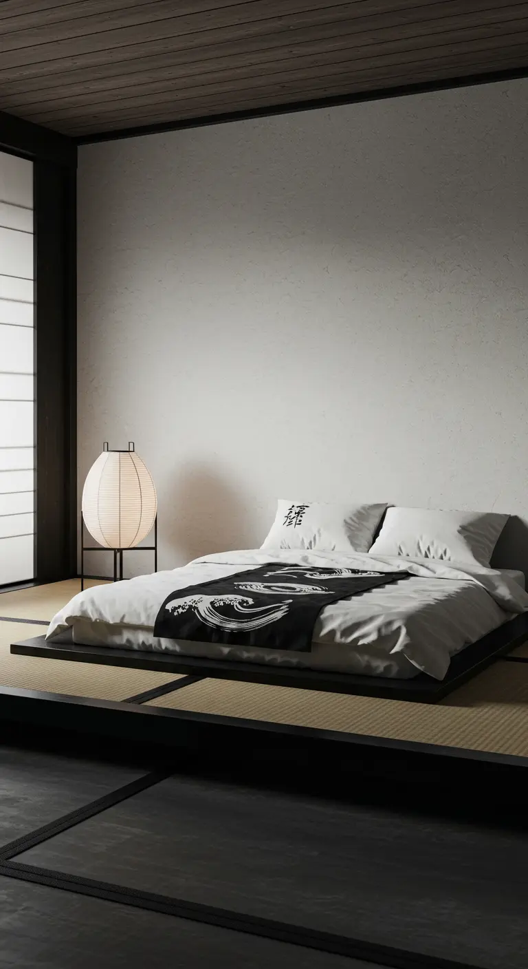 Minimalist bedroom with a low platform bed on tatami mats and a Japanese paper lantern.