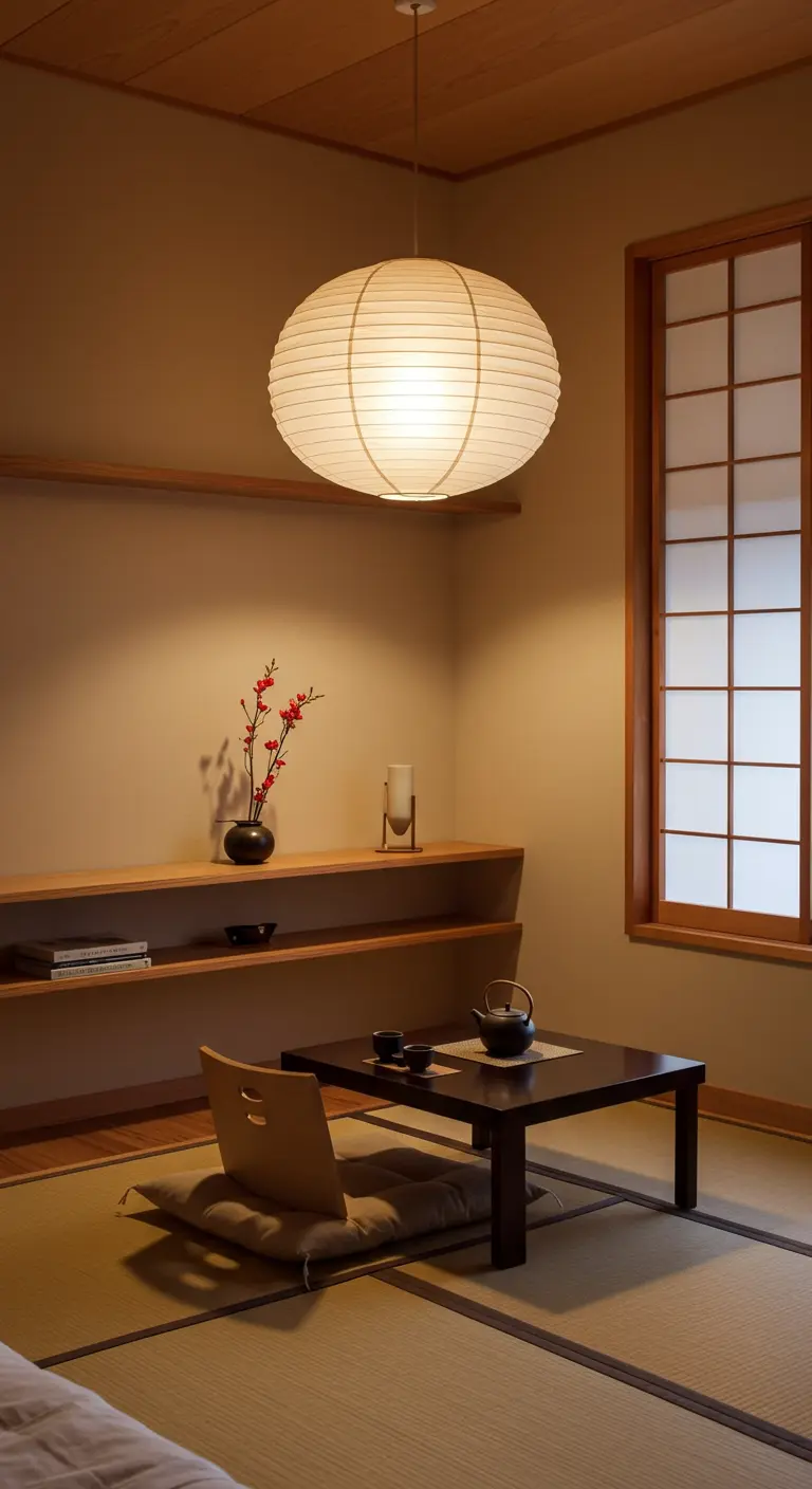 Minimalist Japanese-style room with a large paper lantern, a low table, and tatami mats.