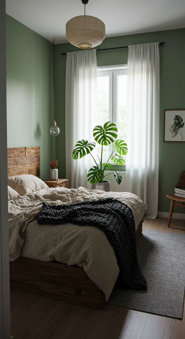 A bedroom with sage green walls, a reclaimed wood bed, and a large Monstera plant by the window.