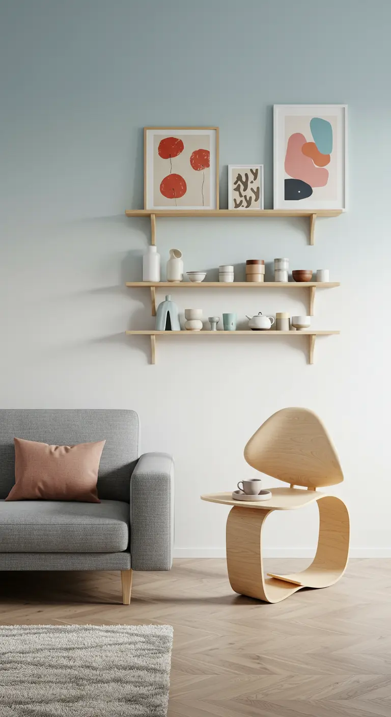 Gray sofa and sculptural wood chair in a minimalist room with floating shelves.