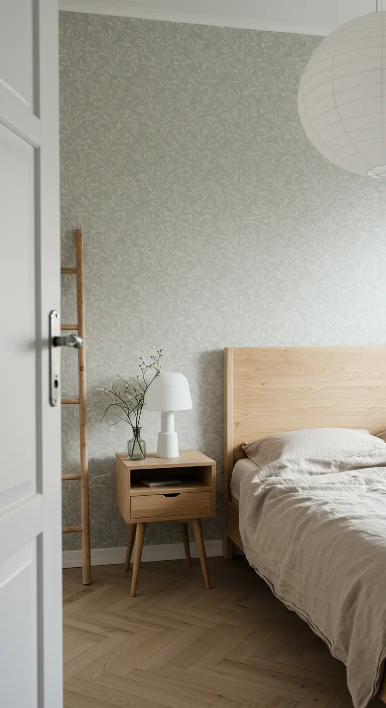 Serene bedroom with pale green botanical wallpaper and light wood furniture.