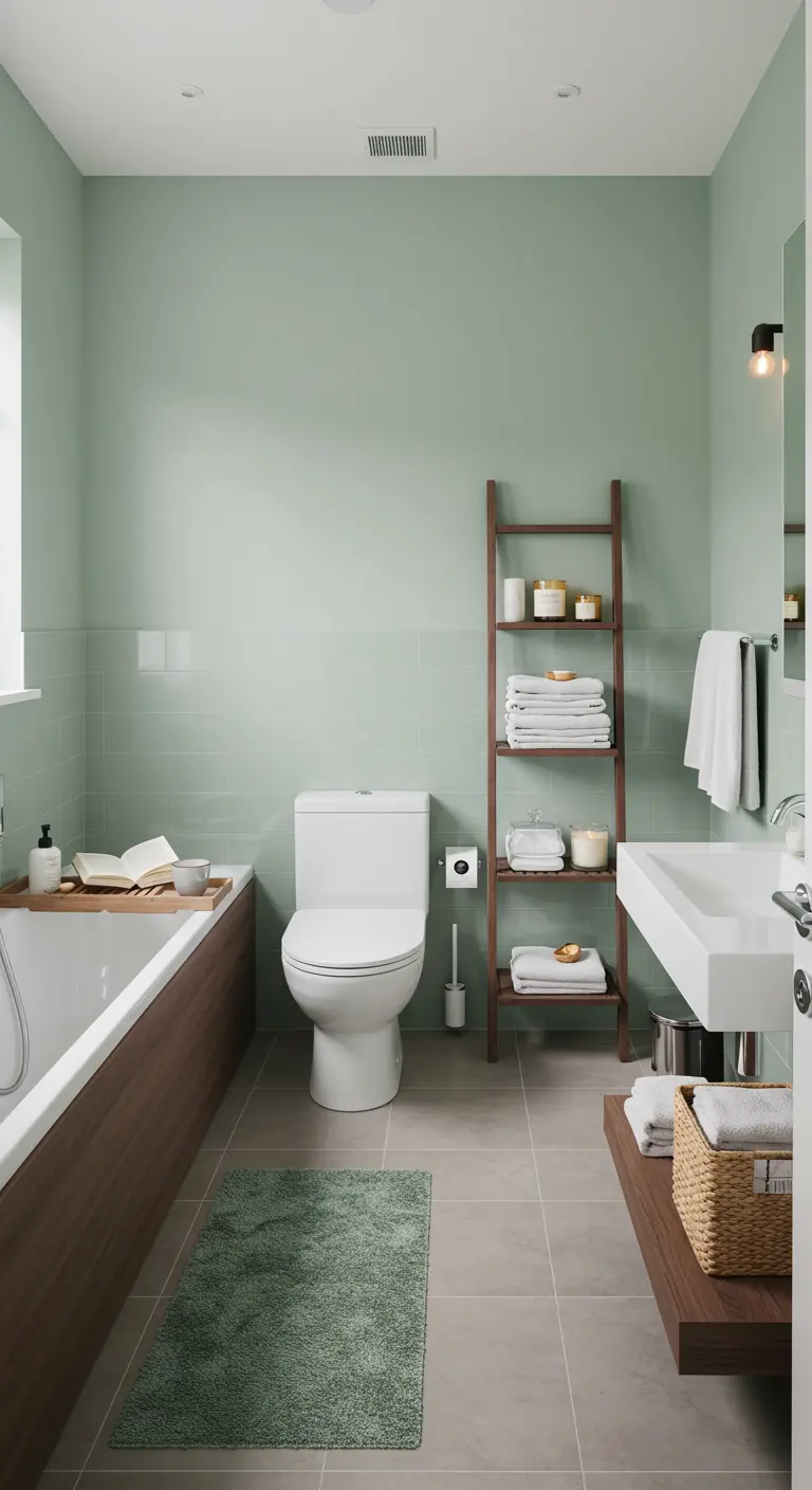 Calm bathroom with sage green walls, a wood ladder shelf, and wood accents.