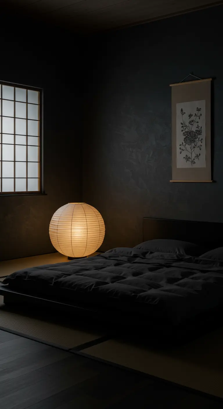 Dark, moody minimalist bedroom with a floor lantern illuminating a low bed and a wall scroll.
