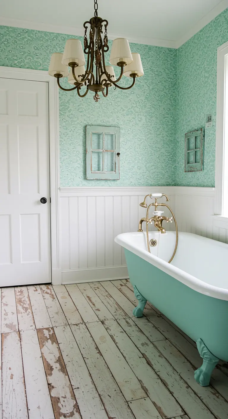 Vintage bathroom with distressed wood floors and a light aqua clawfoot tub.