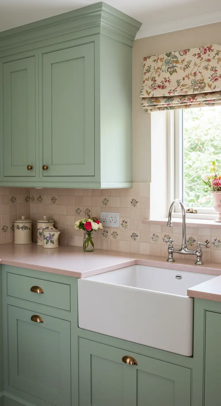 Country-style kitchen with mint cabinets, a floral roman shade, and a farmhouse sink.