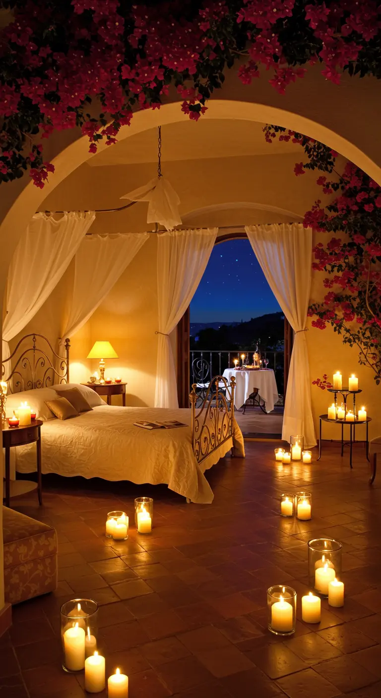 Romantic bedroom at night, filled with candles, with a balcony dinner set for two.