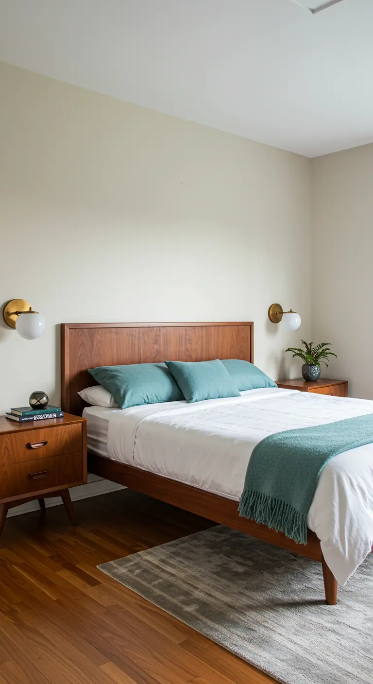 Mid-century modern bedroom with a walnut bed, matching nightstands, and teal accents.
