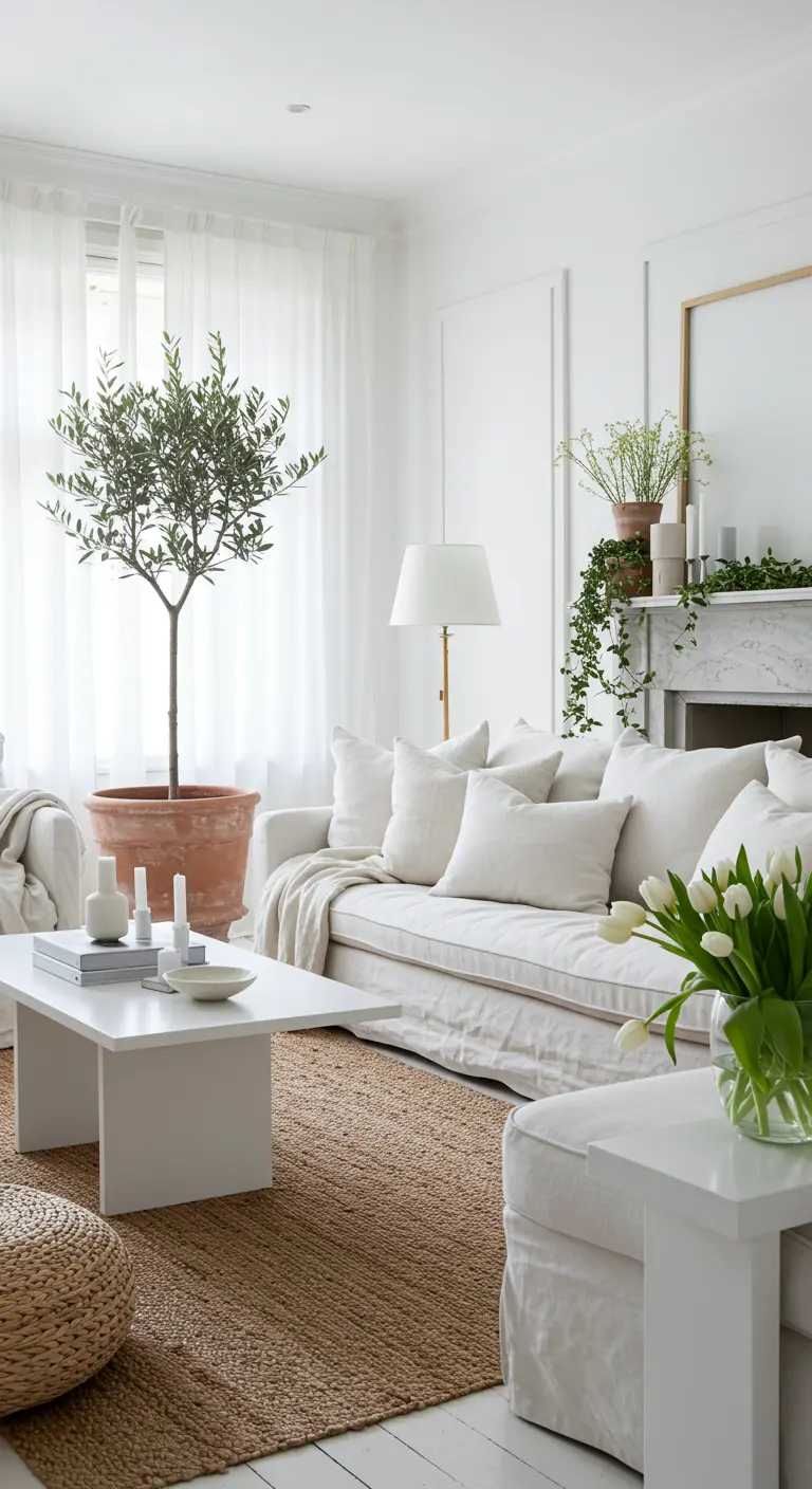 An all-white living room with a linen sofa, a potted olive tree, and a jute rug.