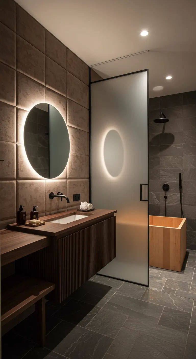 Zen-inspired bathroom with padded walls, a backlit mirror, and a wooden soaking tub.