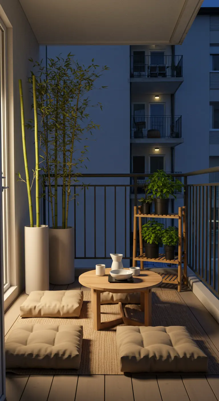 A minimalist balcony at night with tall bamboo plants, floor cushions, and a low wooden table.