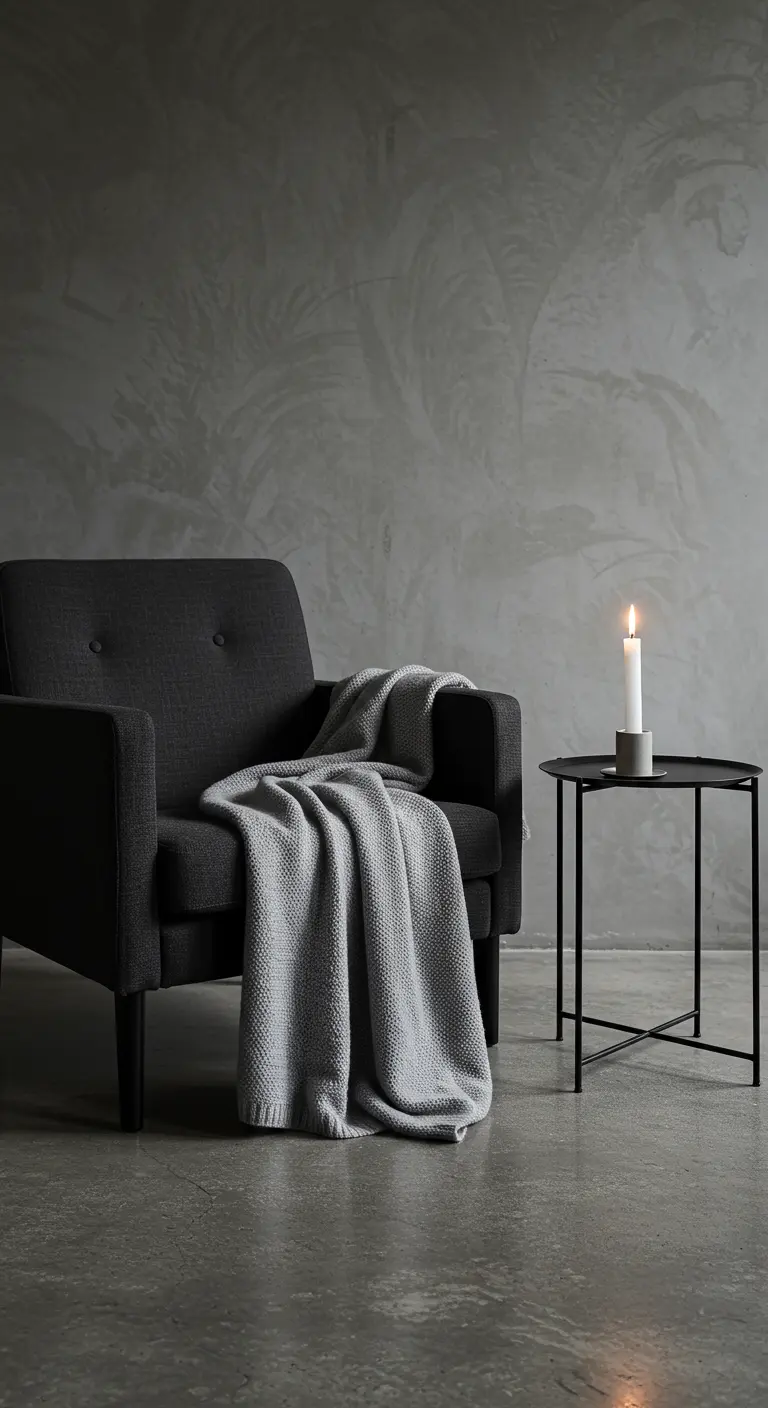 Charcoal grey armchair and light grey knit throw against a dark grey textured wall with one candle.
