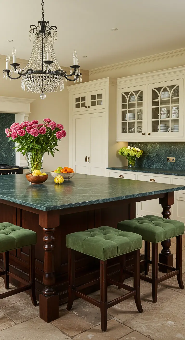A traditional kitchen with a dark wood island, green marble, and olive green tufted stools.