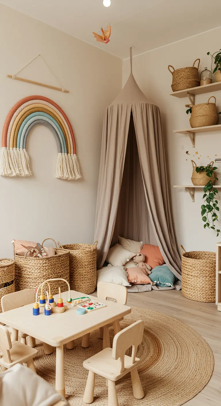 Child's room with a fabric canopy, a yarn rainbow wall hanging, and woven baskets.