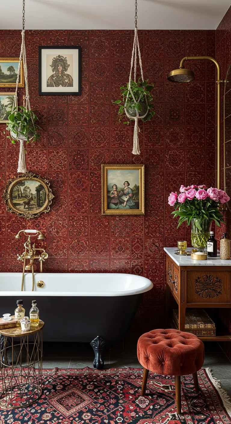 A bohemian bathroom with patterned red tile walls, a black clawfoot tub, and eclectic art and plants.