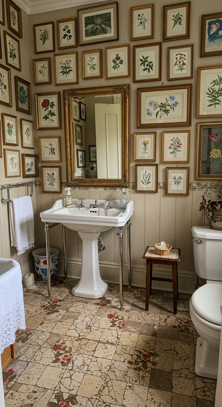 Bathroom walls covered in a gallery of framed botanical prints.