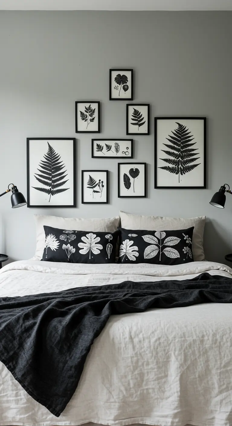 A gallery wall of black-and-white fern prints hangs above a bed with botanical pillows.