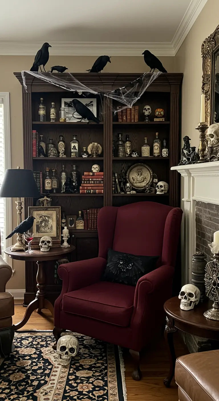 A bookcase styled as a cabinet of curiosities with skulls, crows, and cobwebs.