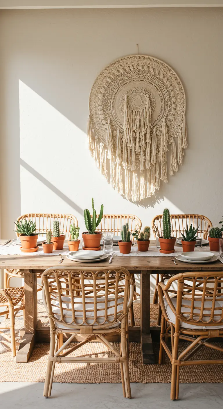 Sunlit dining table with a centerpiece of small potted cacti and rattan chairs.