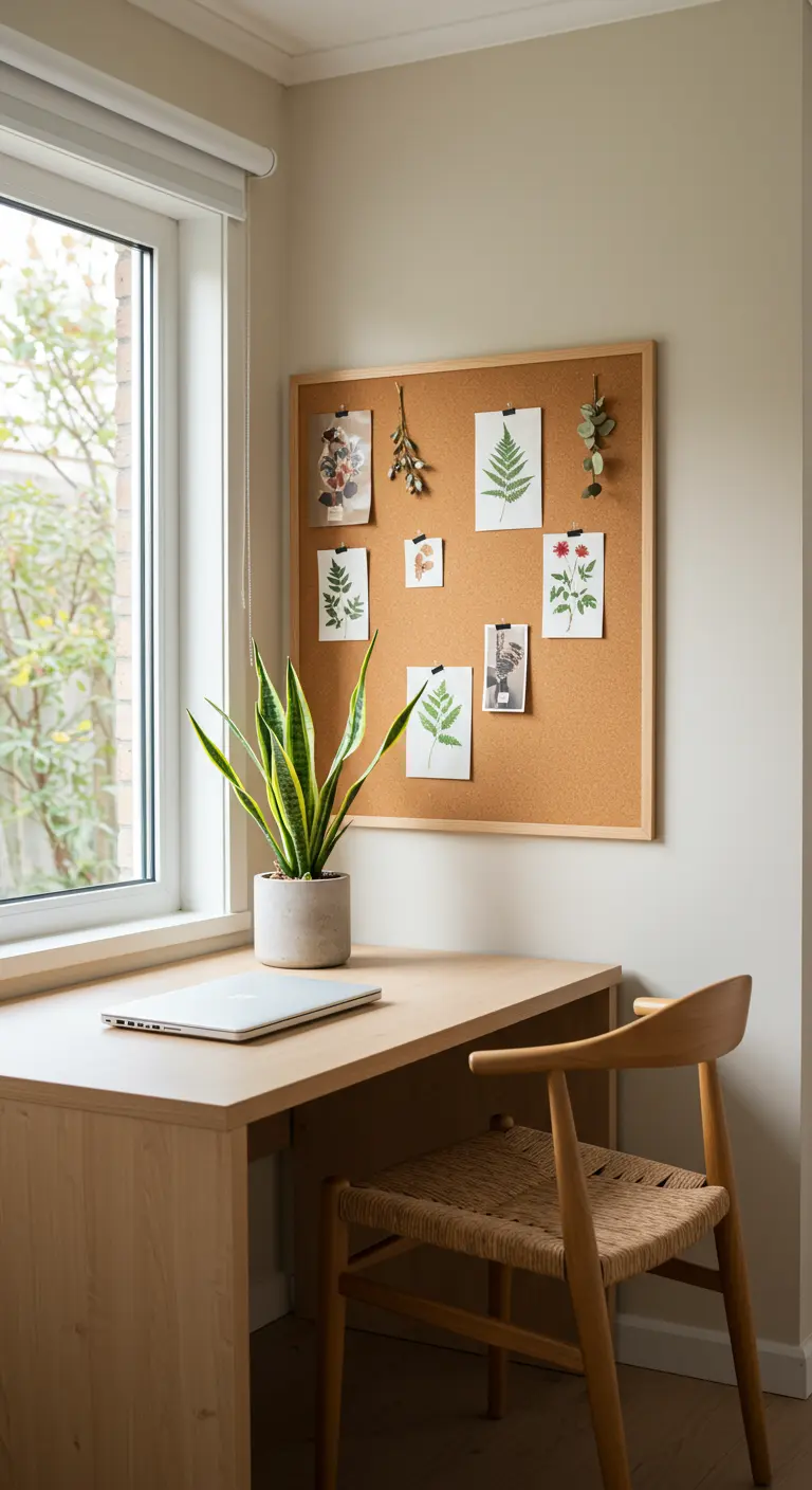 A light wood desk by a window with a snake plant, corkboard, and woven chair.