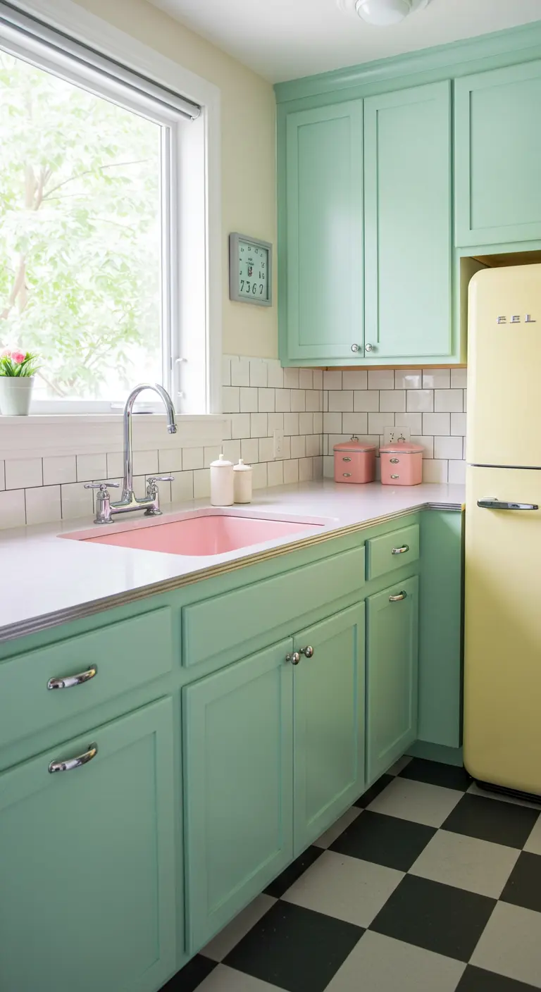 Retro kitchen with mint cabinets, a yellow fridge, a pink sink, and checkerboard floors.