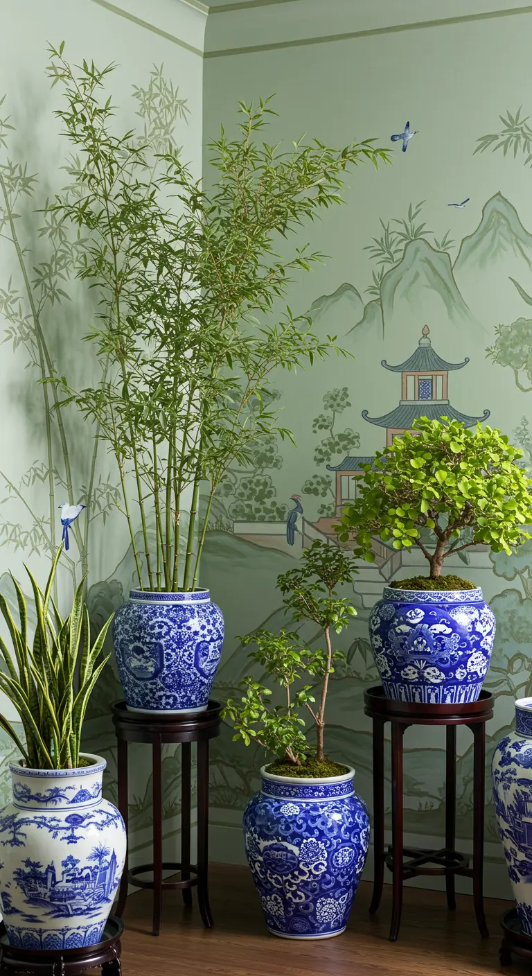 An elegant corner with Chinoiserie wallpaper and a collection of blue-and-white porcelain planters.