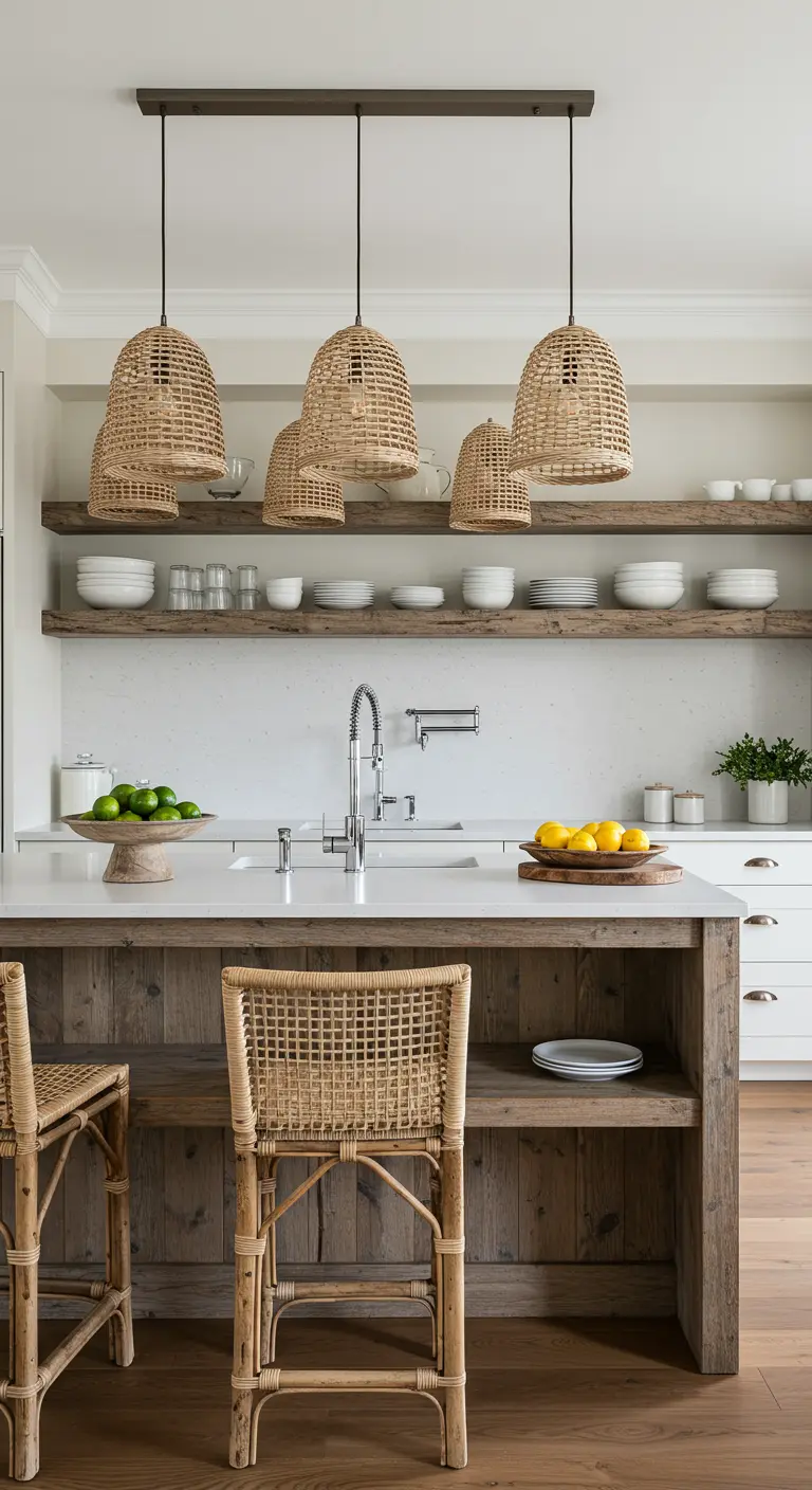 A mix of different style woven pendants hangs over a reclaimed wood kitchen island.