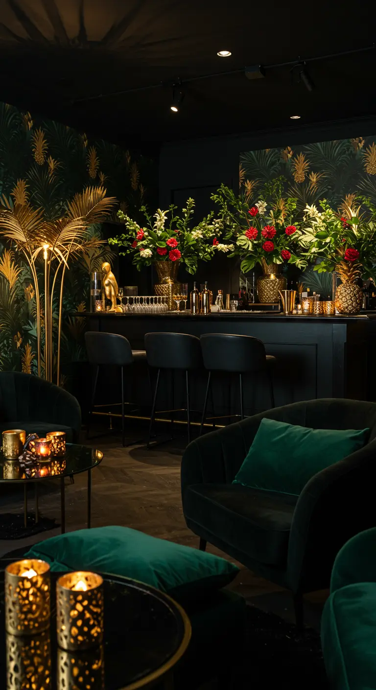 A moody, dark lounge with pineapple wallpaper, gold accents, and velvet furniture.